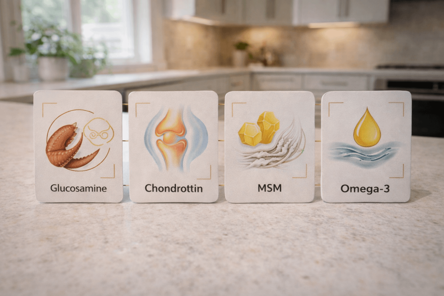 Icons representing glucosamine, chondroitin, MSM, and omega-3 support for dog joint mobility in a clean infographic layout
