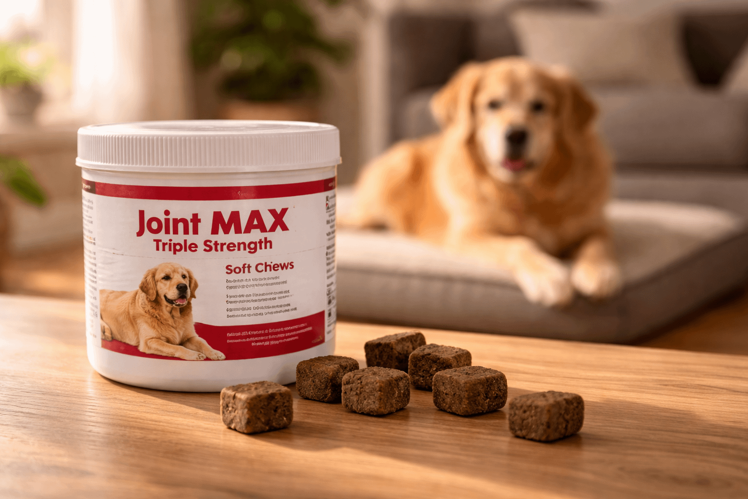 Joint MAX Triple Strength soft chews for dog joint support on a marble countertop with an older dog resting in the background