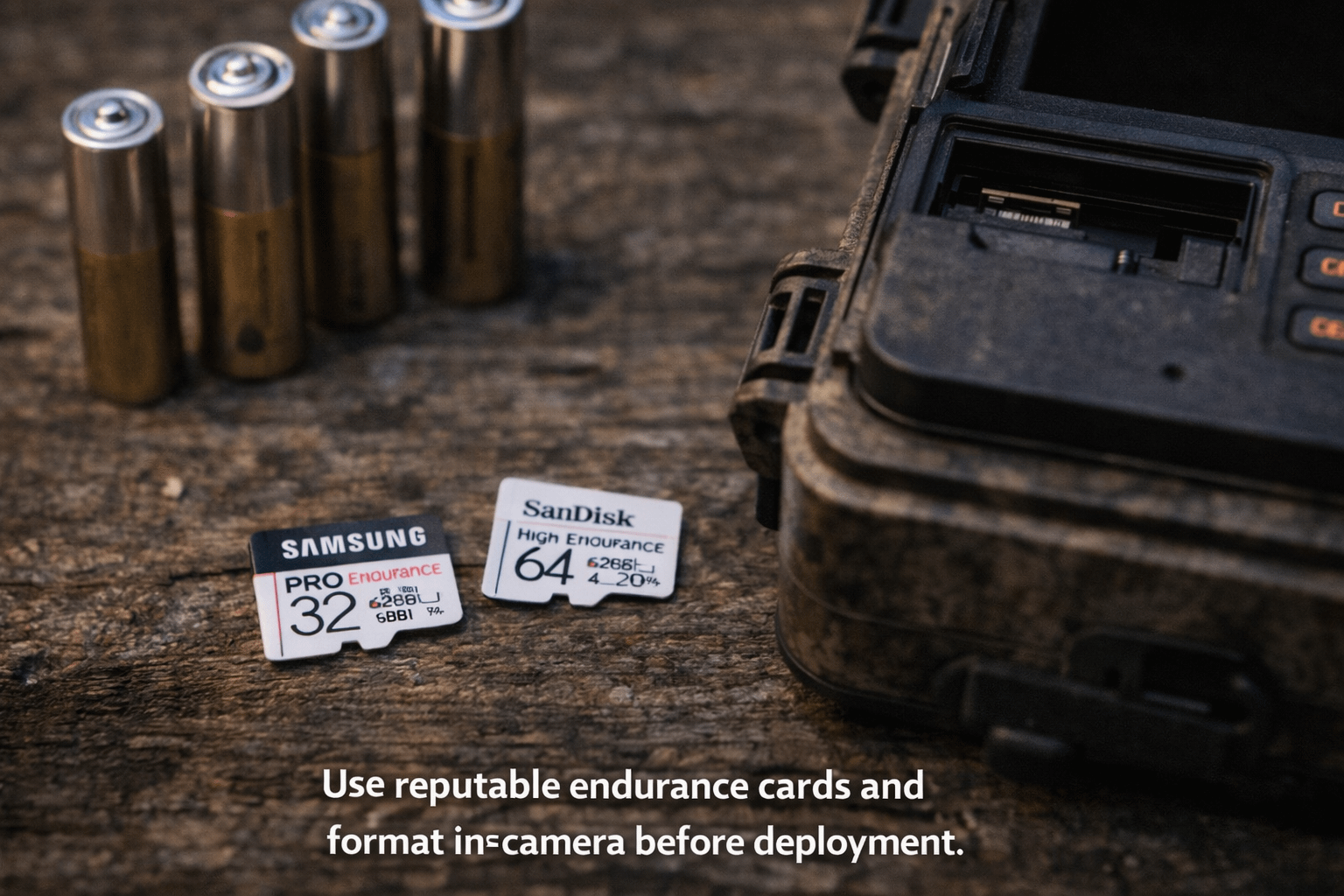 Endurance microSD cards beside trail camera and AA batteries on wooden table