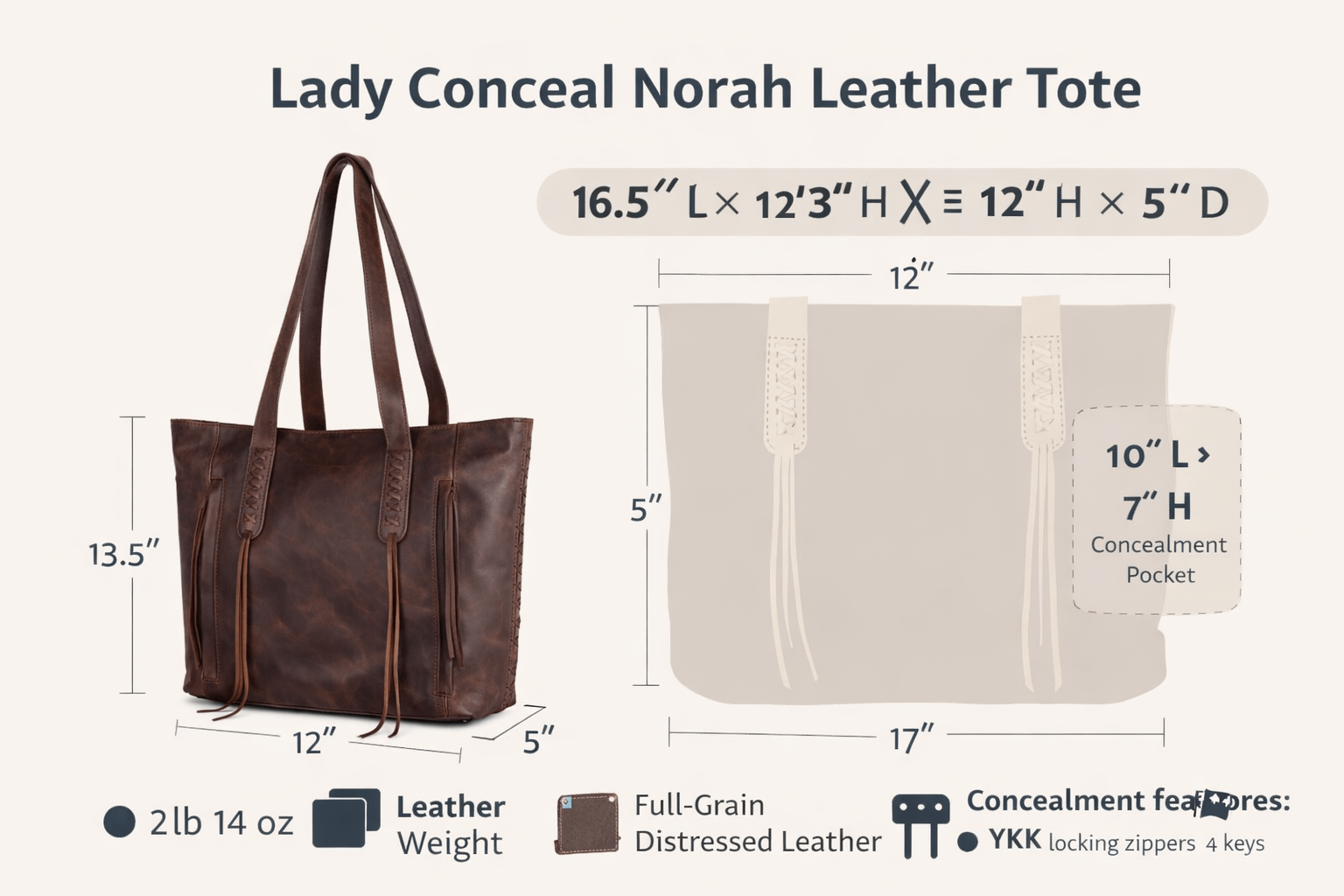 Specs overview graphic for Lady Conceal Norah Leather Tote showing dimensions, weight, and concealment pocket size