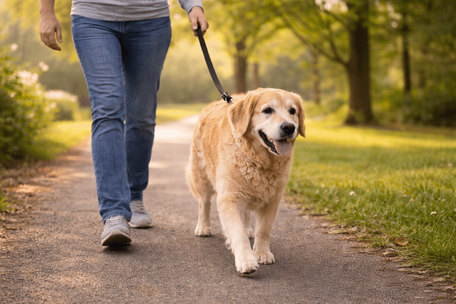 Older dog on a calm leash walk showing controlled exercise for joint comfort and mobility support