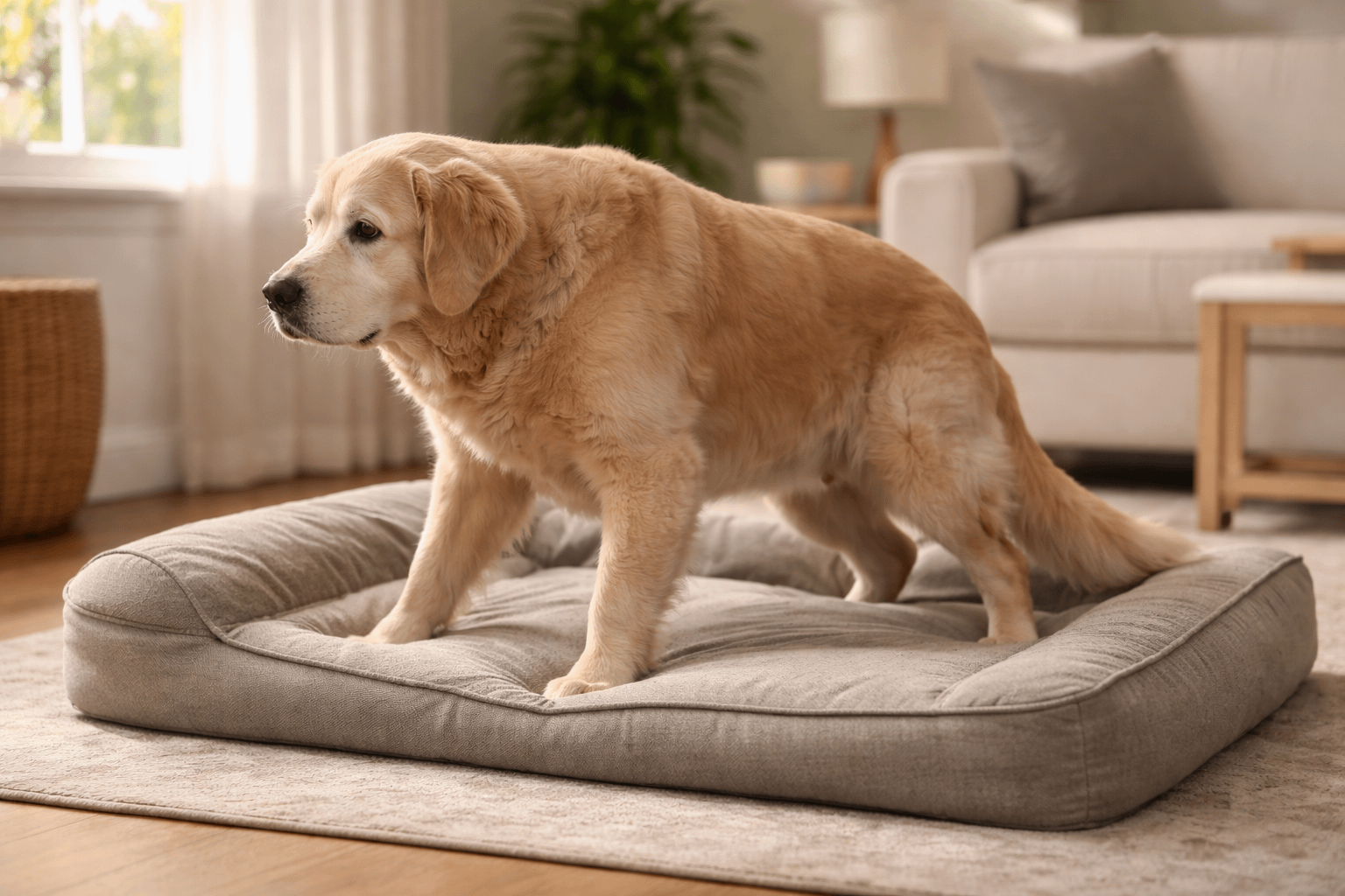 Older dog slowly getting up from a bed showing stiffness common with joint discomfort