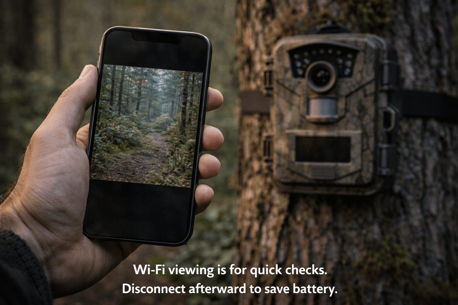 Smartphone in hand showing trail camera app preview while camera is mounted on tree