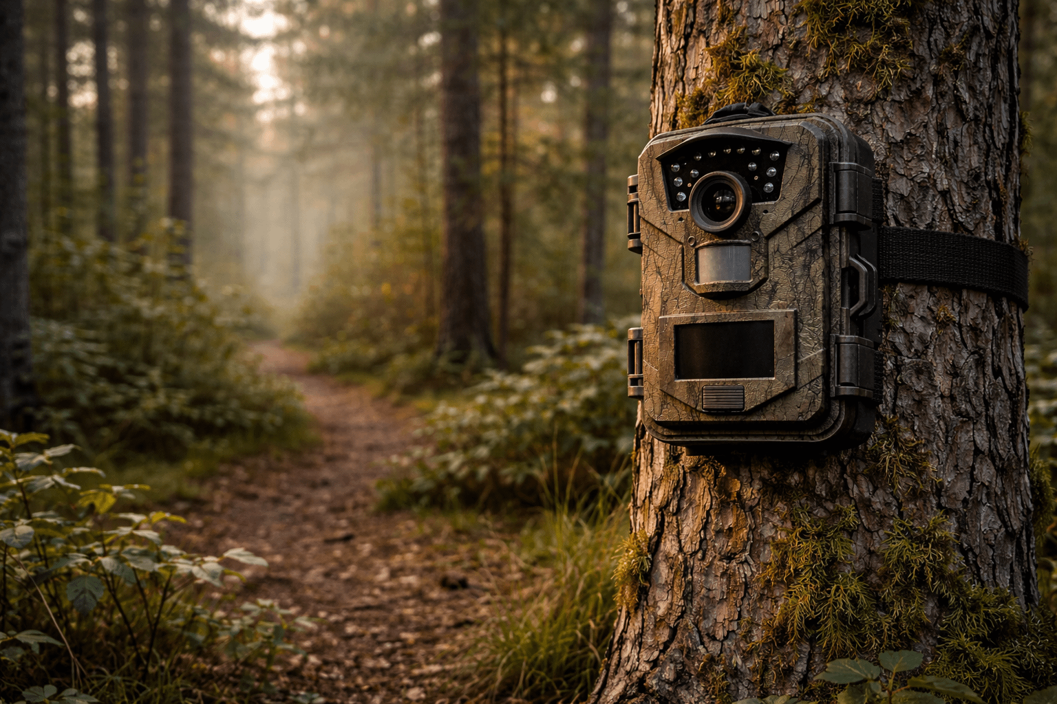 Rexing Woodlens H2 trail camera mounted chest-high on tree facing game trail