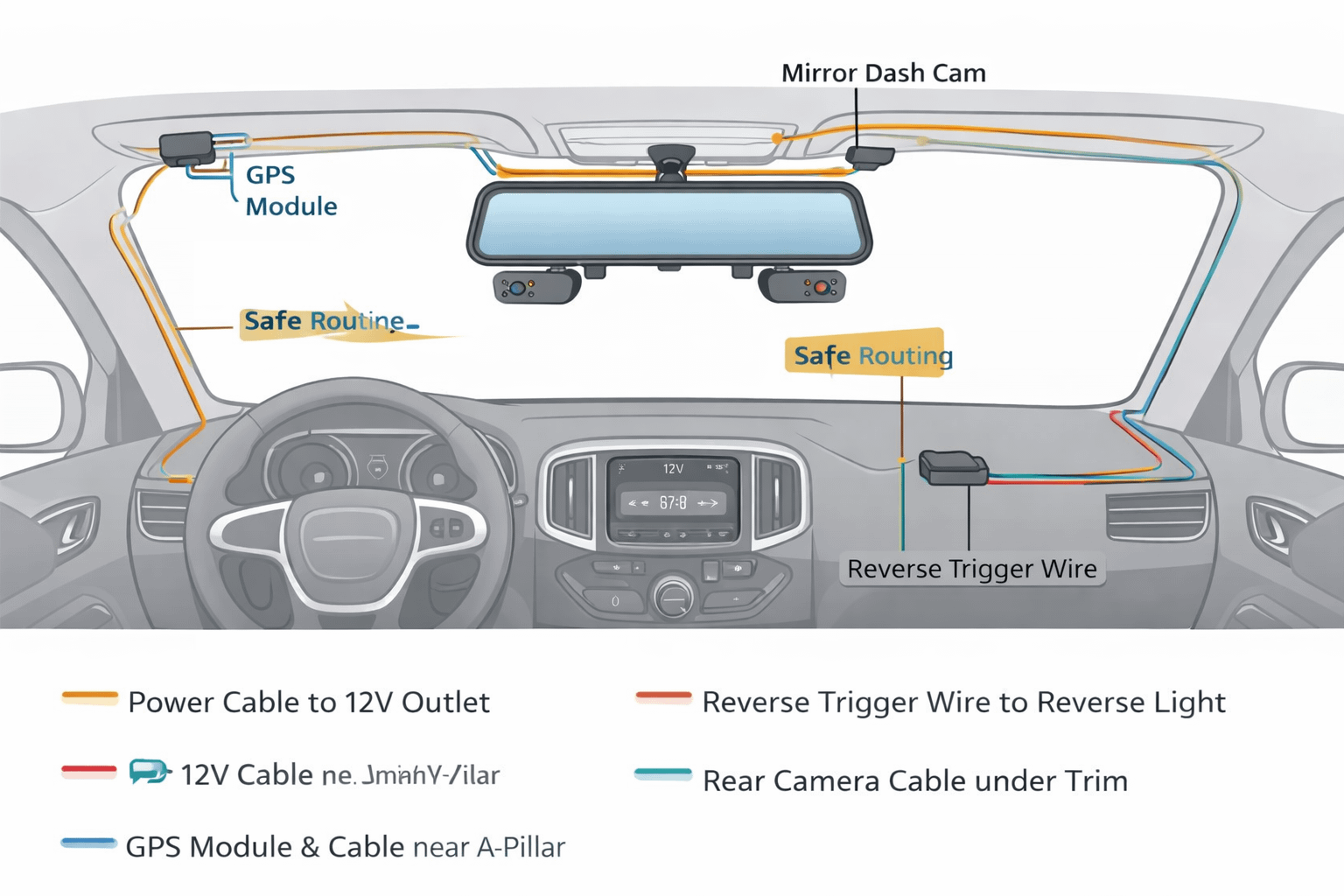 Wiring diagram for mirror dash cam showing power, GPS placement, rear camera routing, and reverse trigger connection