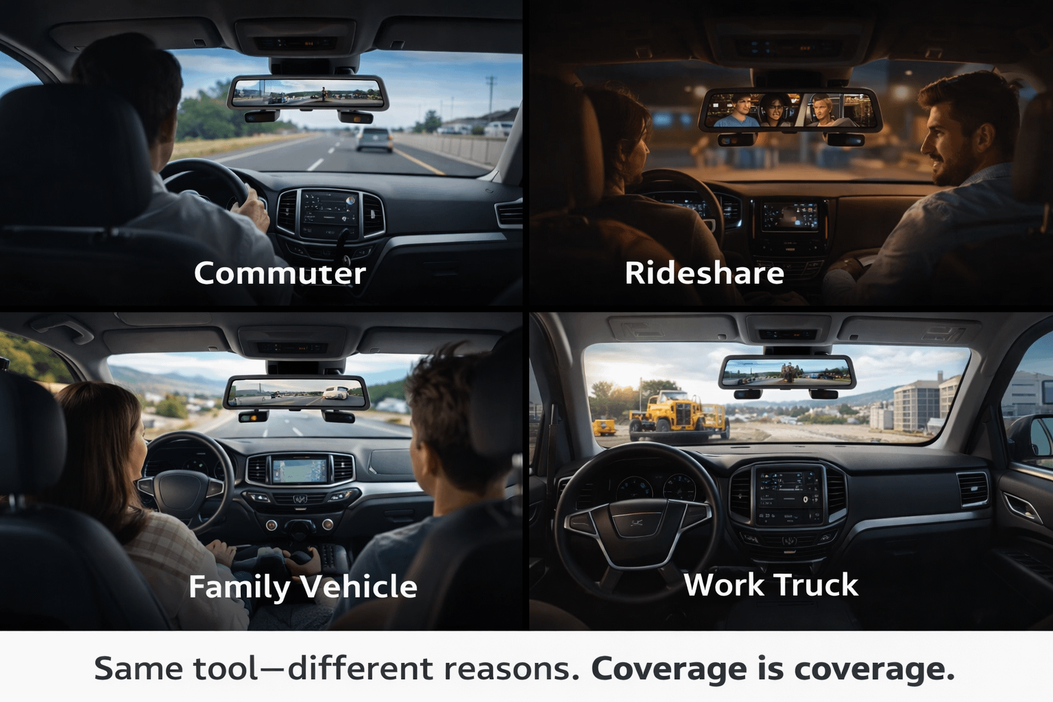 Collage showing mirror dash cam use in commuter car, rideshare, family SUV, and work truck