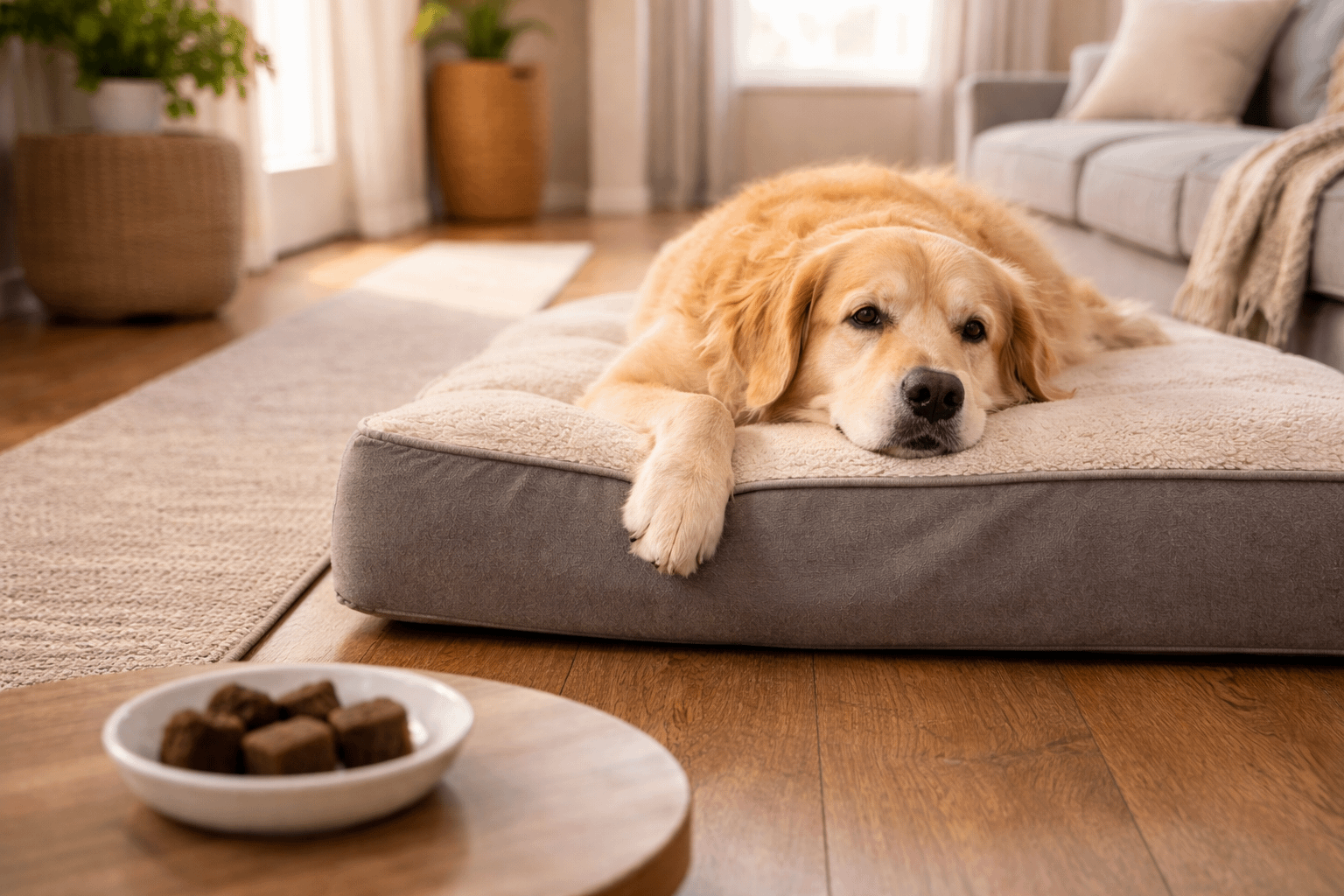 Senior dog resting comfortably at home with mobility support routine including soft chews and traction rugs