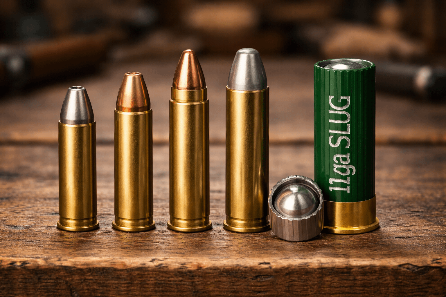 Lineup of straight-wall deer cartridges including 350 Legend, 360 Buckhammer, 450 Bushmaster, 45-70 and a 12 gauge slug