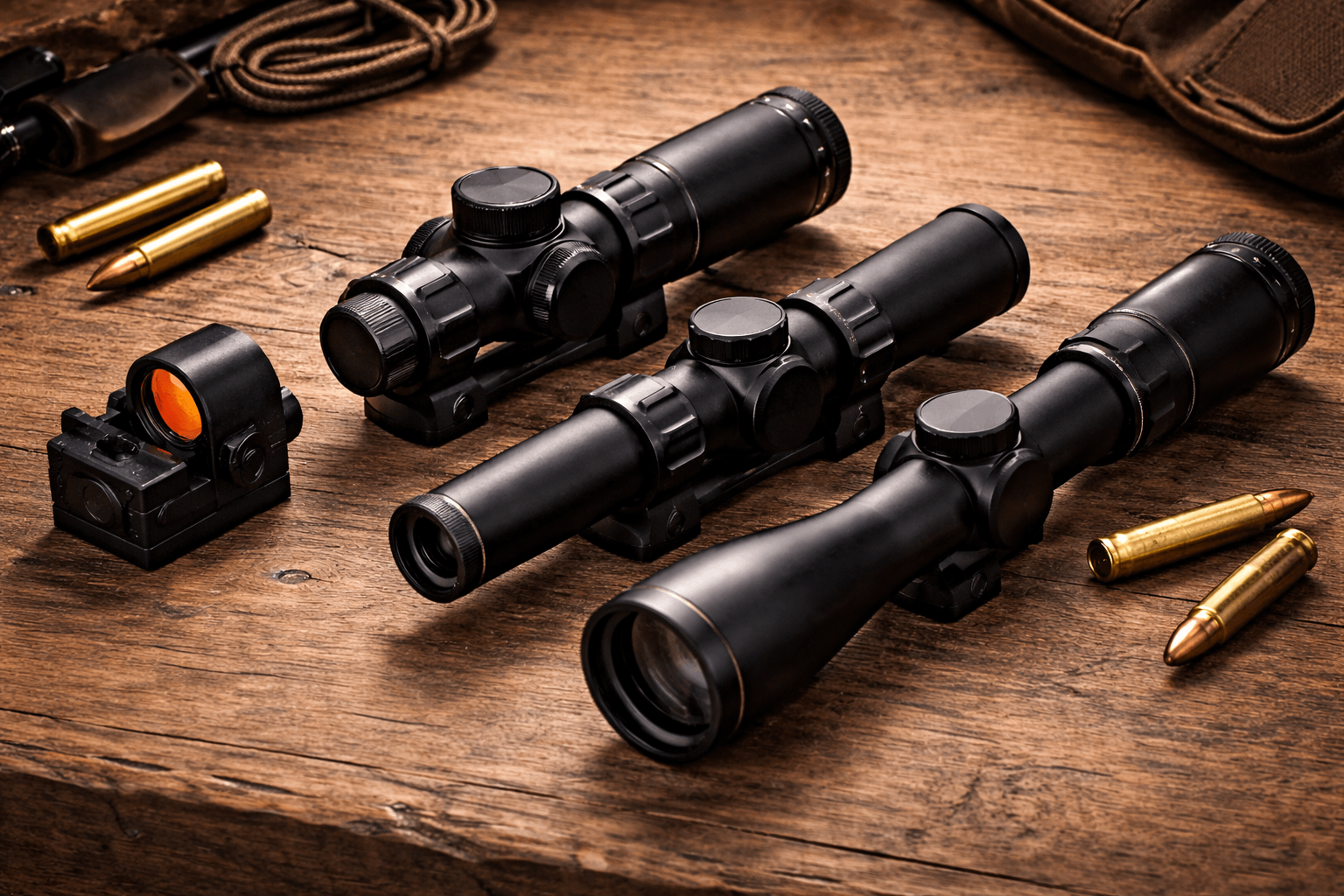 Three optic options on a table: red dot, LPVO, and 2-7x hunting scope for straight-wall deer rifles