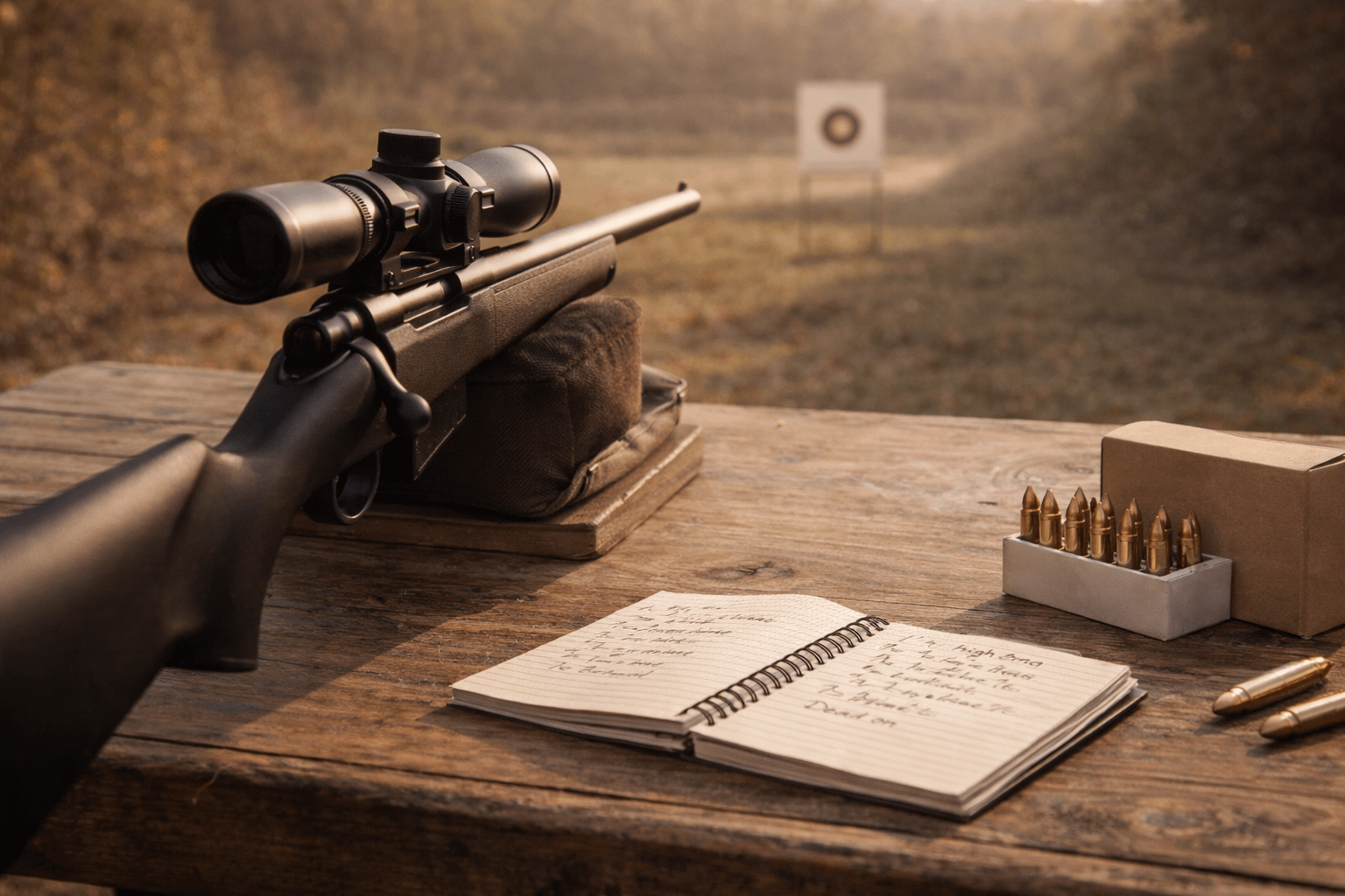 Straight-wall deer rifle zeroing setup with target at 100 yards and ammo box on bench