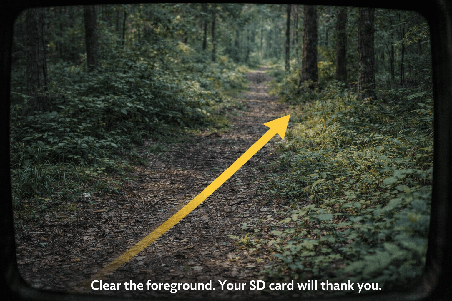 Trail camera view showing cleared foreground and angled aim down game trail