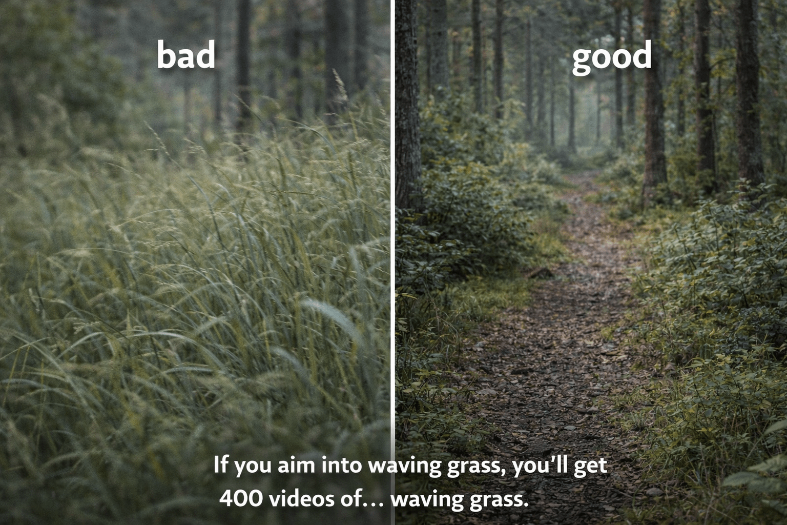 Comparison showing bad trail camera placement aiming at tall grass vs good placement with clear view