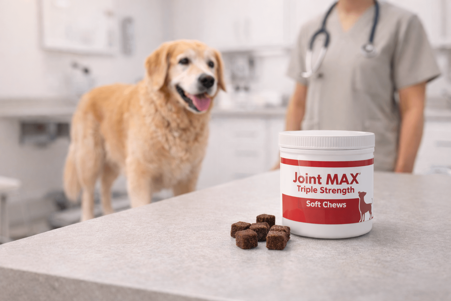 Dog at veterinary clinic with joint supplement on a counter representing supplements used alongside a vet mobility plan