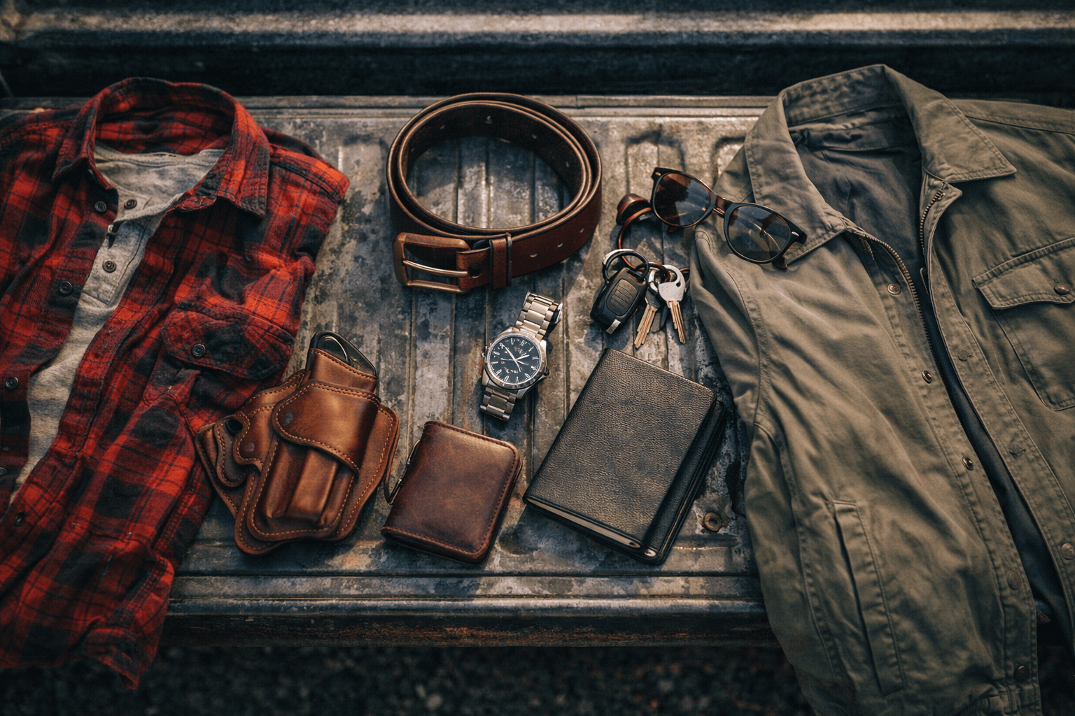 Editorial flat lay of men’s spring outdoor apparel and accessories arranged on a weathered truck tailgate, including a red flannel shirt, olive jacket, leather belt, sunglasses, keys, watch, wallet, notebook, and a brown leather accessory