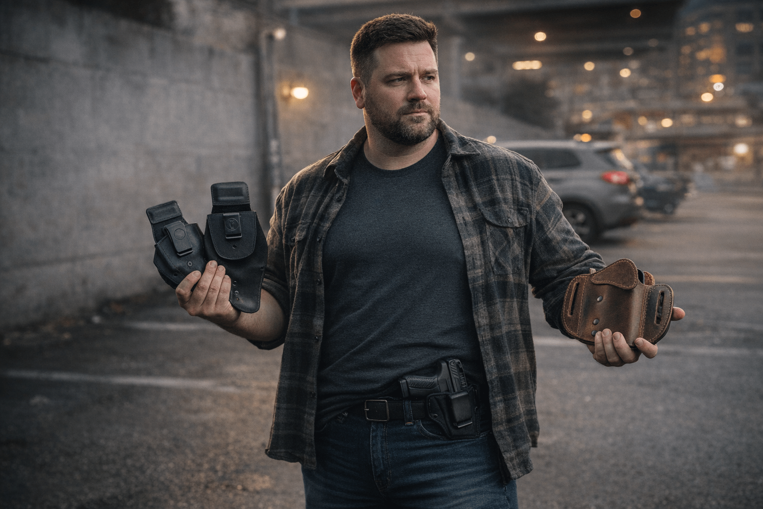 Bigger-built man in jeans, dark T-shirt, and open flannel standing in an urban parking lot, wearing a black concealed-carry holster and holding two other holsters for comparison.