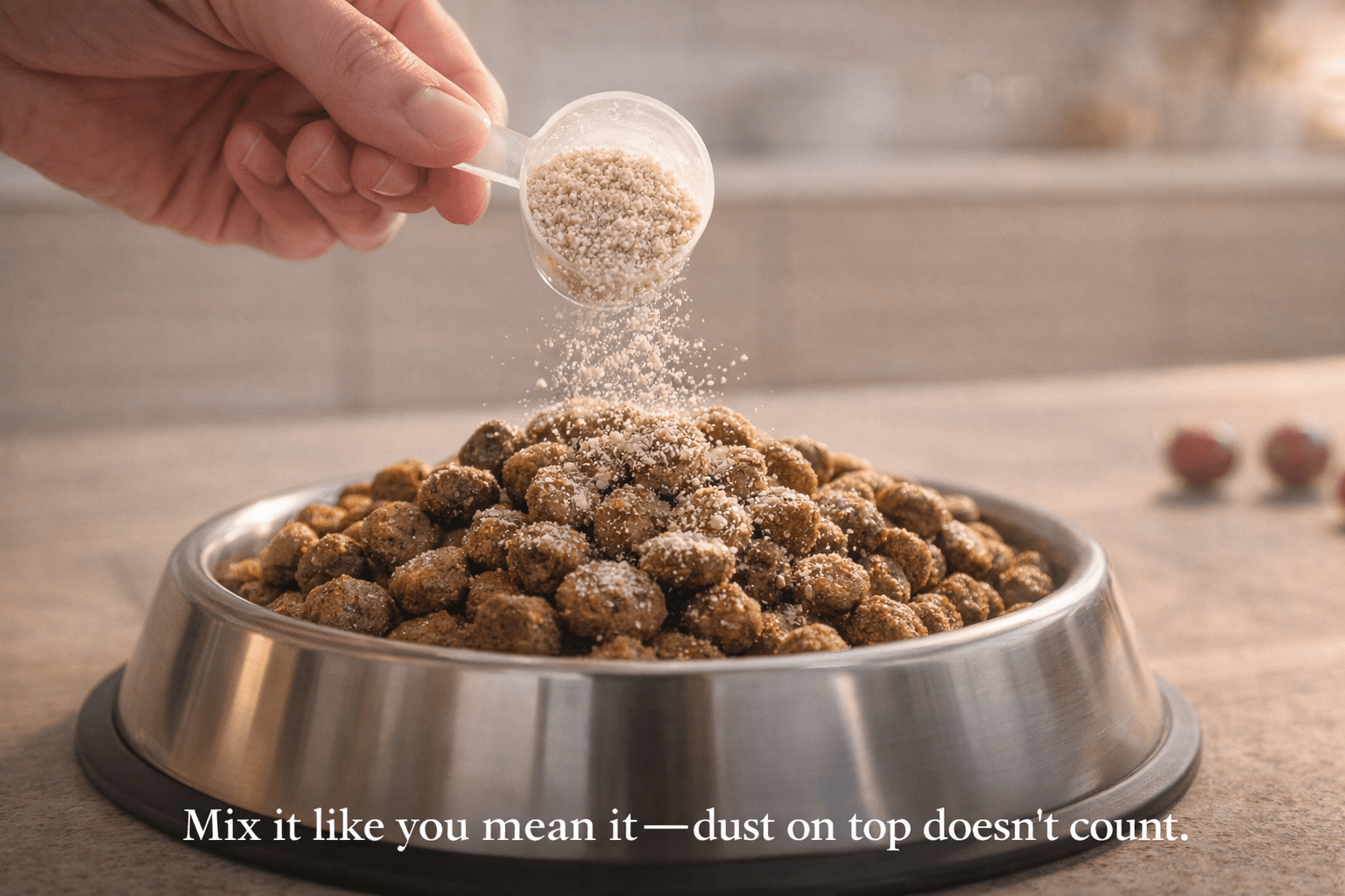 Scoop of urinary support granules sprinkled onto dog kibble in bowl