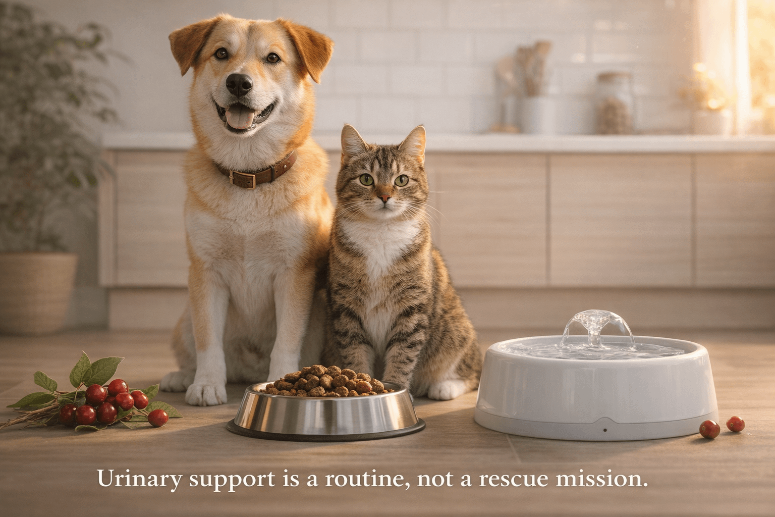 Cranberry D-mannose urinary tract support concept with dog and cat beside food bowl and water