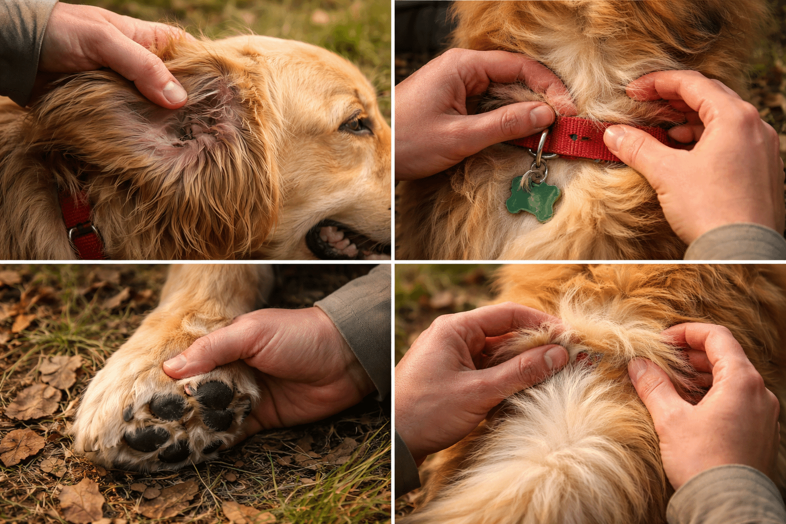 hands checking a Golden Retriever for ticks around ears collar paws and tail base