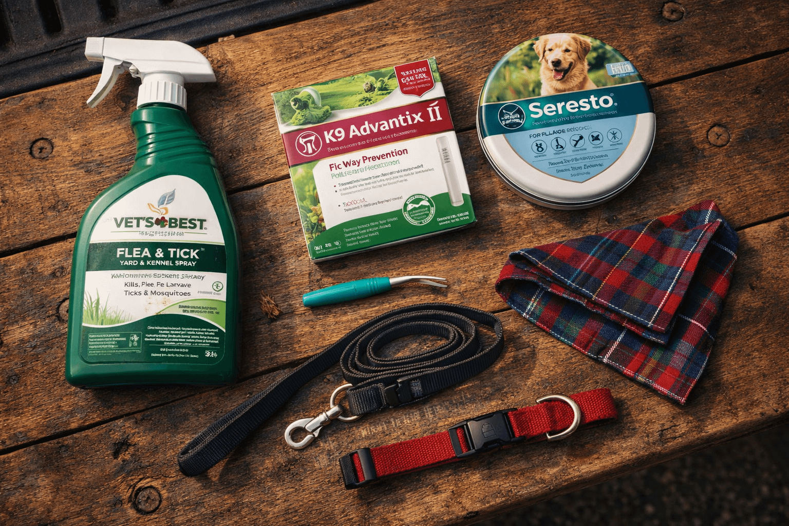 dog tick defense products flat lay with collar topical treatment yard spray leash and bandana