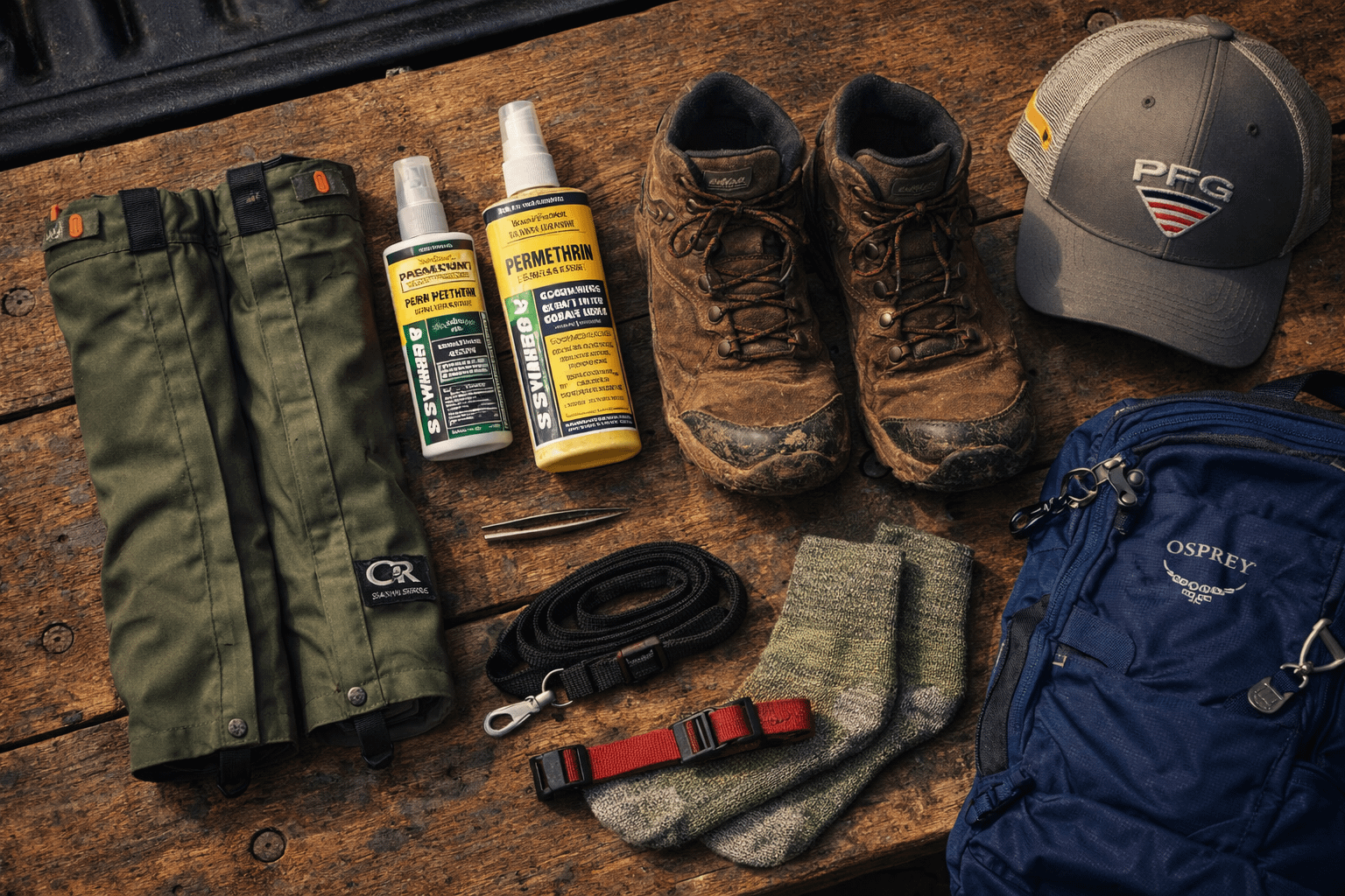 human tick defense gear for spring with treated gaiters repellent spray boots and tweezers