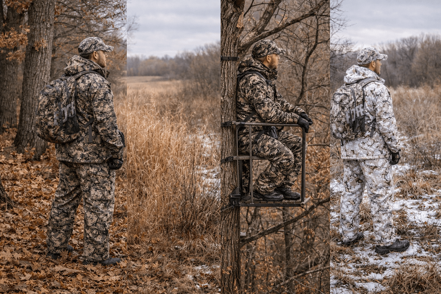 best camo pattern for Midwest hunting comparison showing hardwood mixed-cover treestand and late-season options