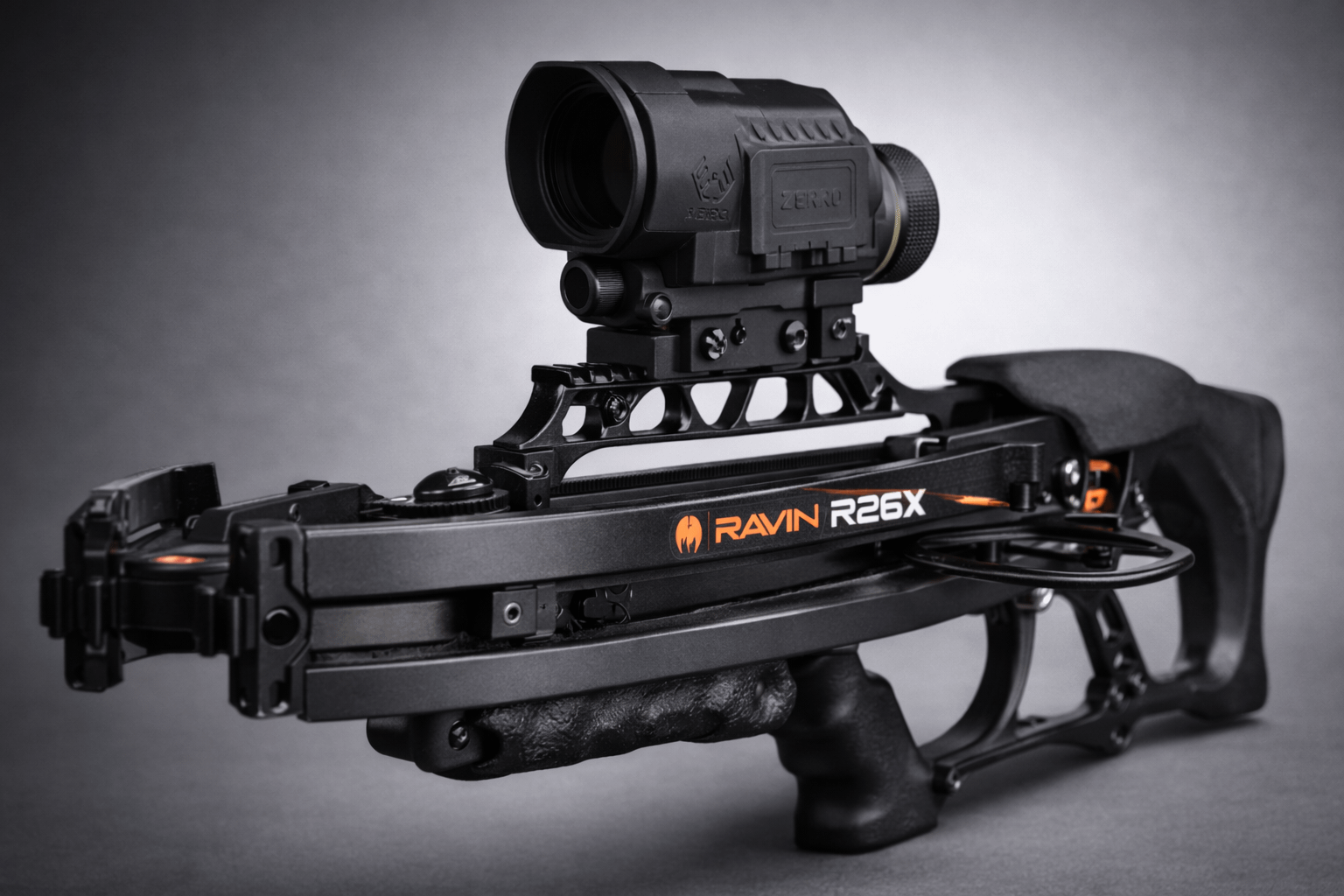 Angled view of compact Ravin-style crossbow with rangefinding scope mounted, showing rail and optic mount