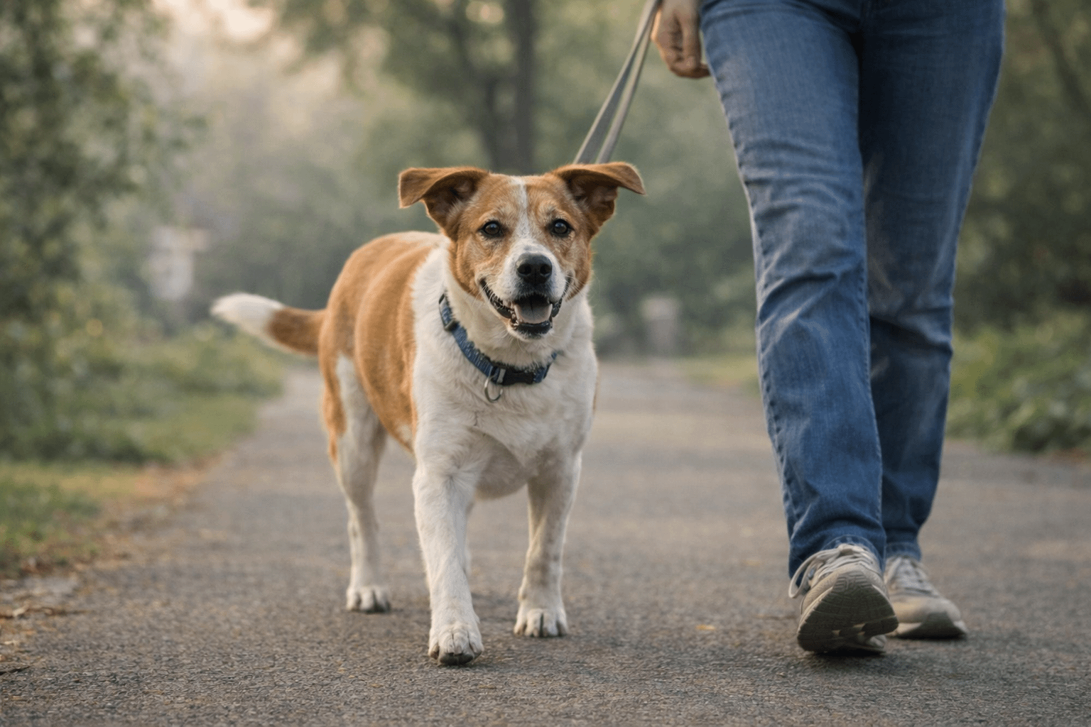 Senior dog on a calm outdoor walk with owner during heart health routine