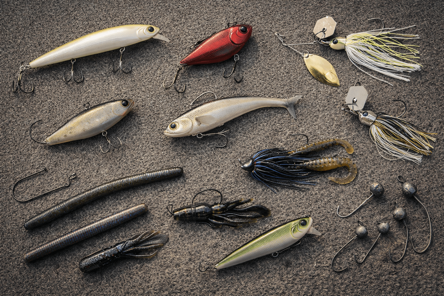 spring bass fishing lures and worms spread on deck