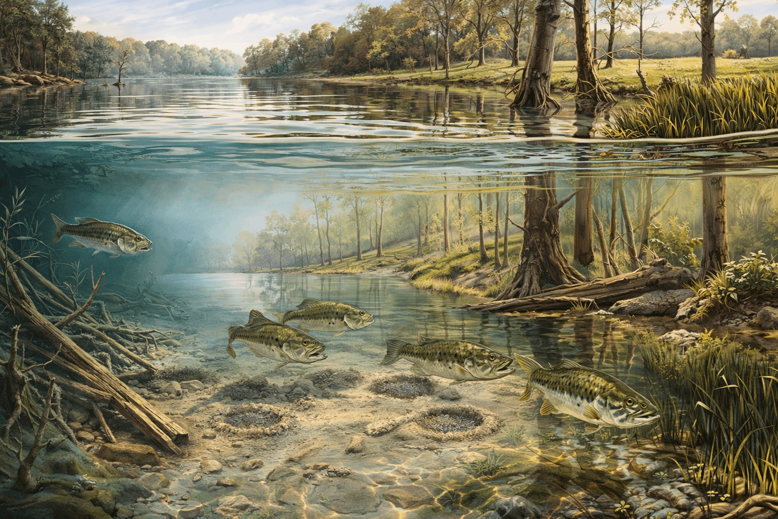 largemouth bass moving through spring prespawn spawn and postspawn areas with structure and shallow cover