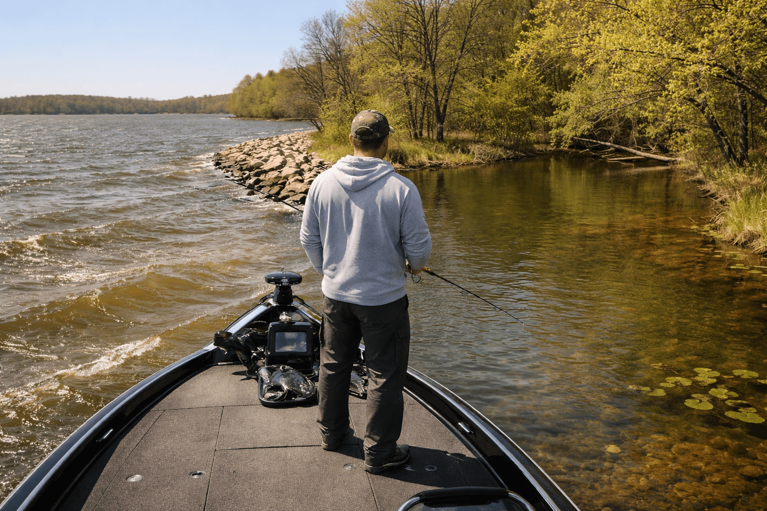 spring bass angler comparing a windy stained bank with a calm protected pocket in warmer water
