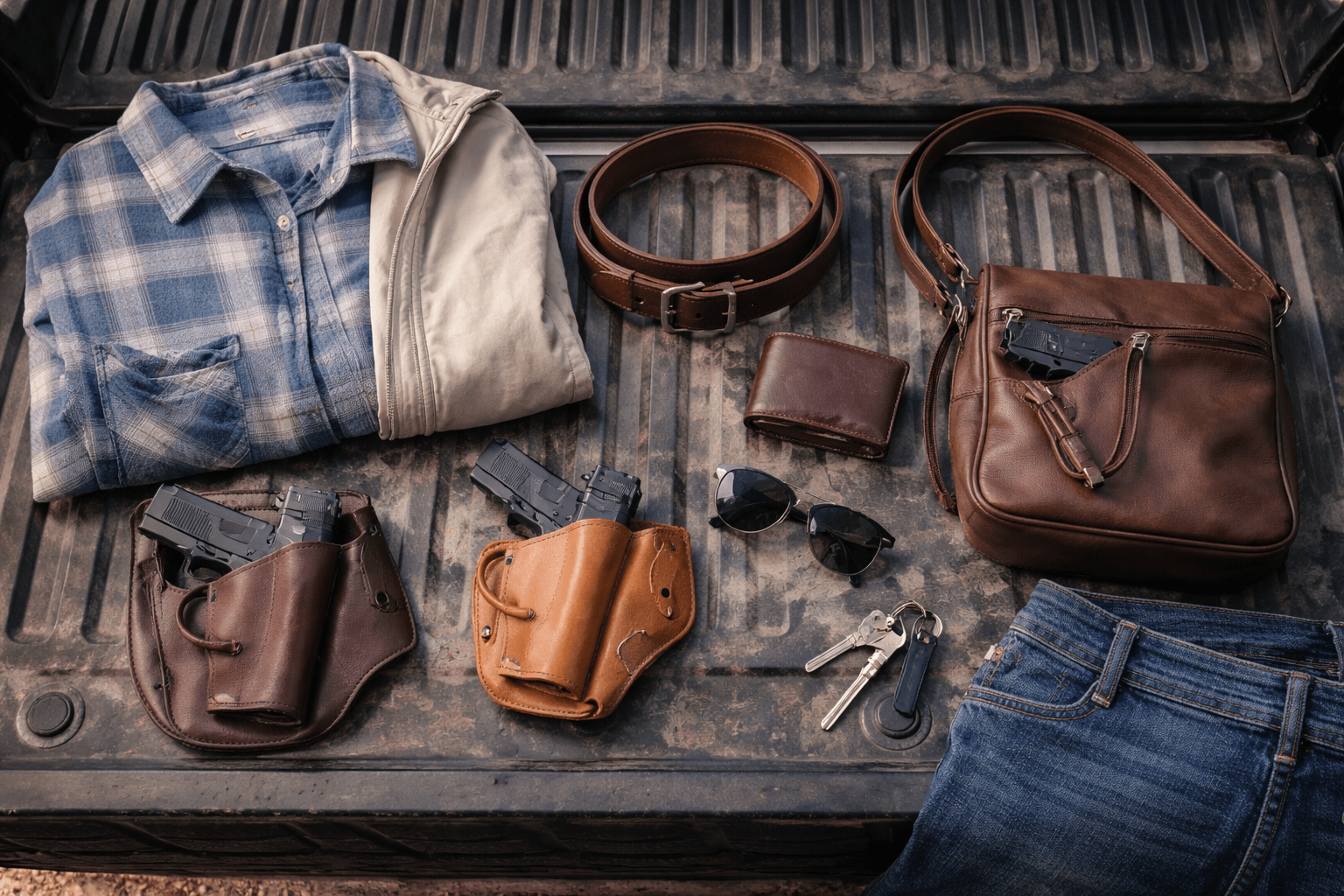 spring concealed carry checklist with holsters belt flannel light jacket crossbody purse keys and wallet