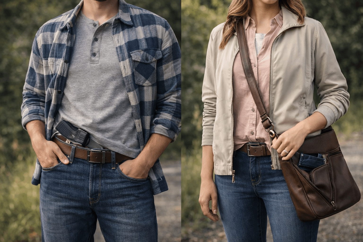 spring concealed carry clothing comparison with flannel henley light jacket and women’s crossbody outfit