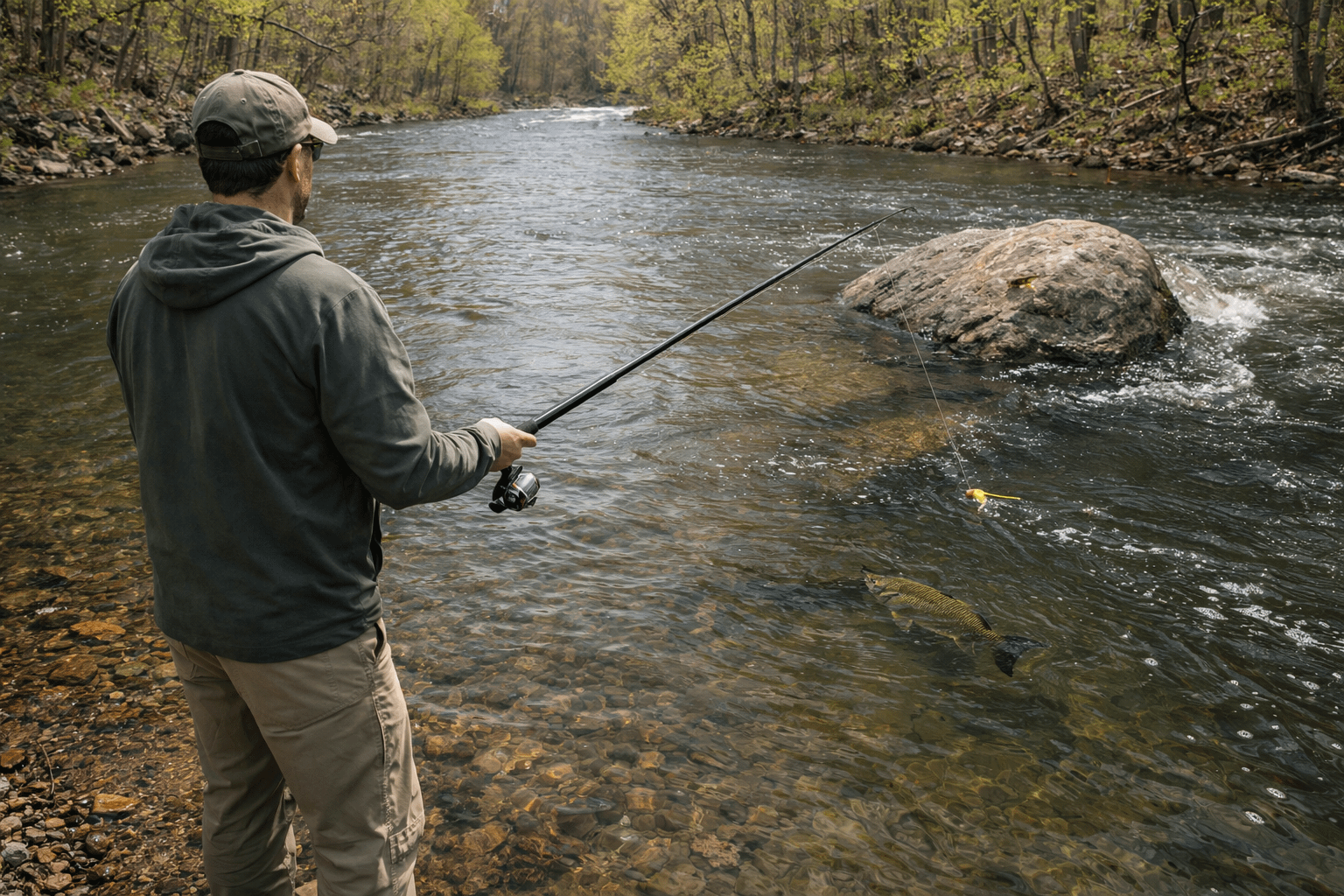 spring bass fishing in a creek with tenkara gear