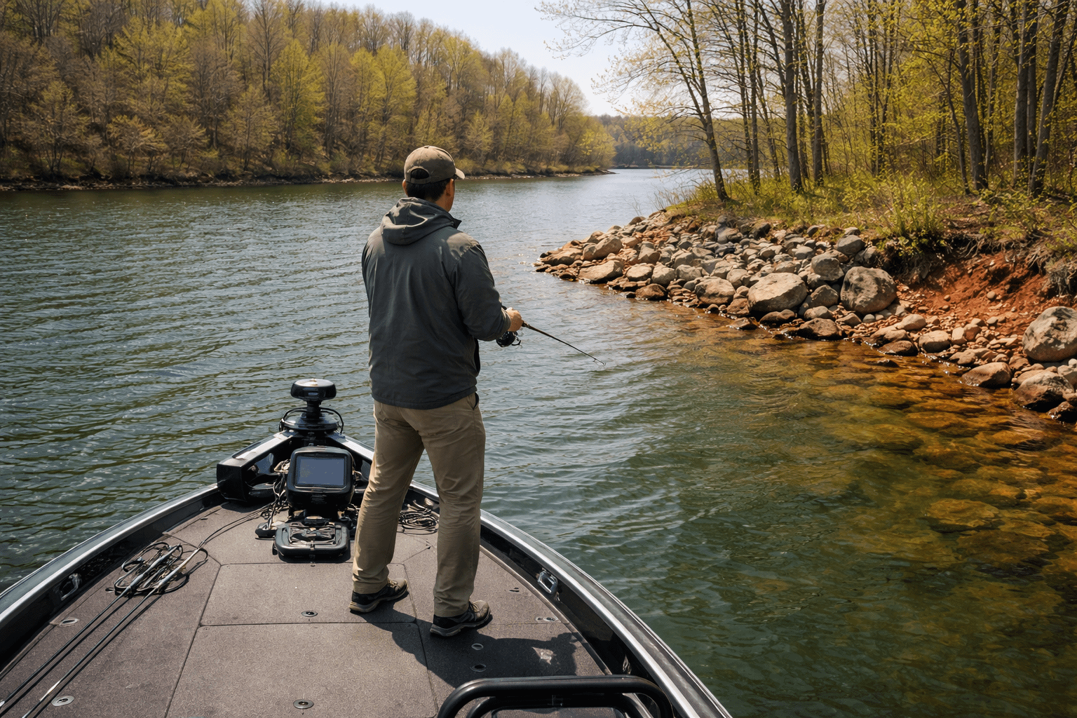 angler fishing a rocky secondary point inside a reservoir creek arm during spring bass season