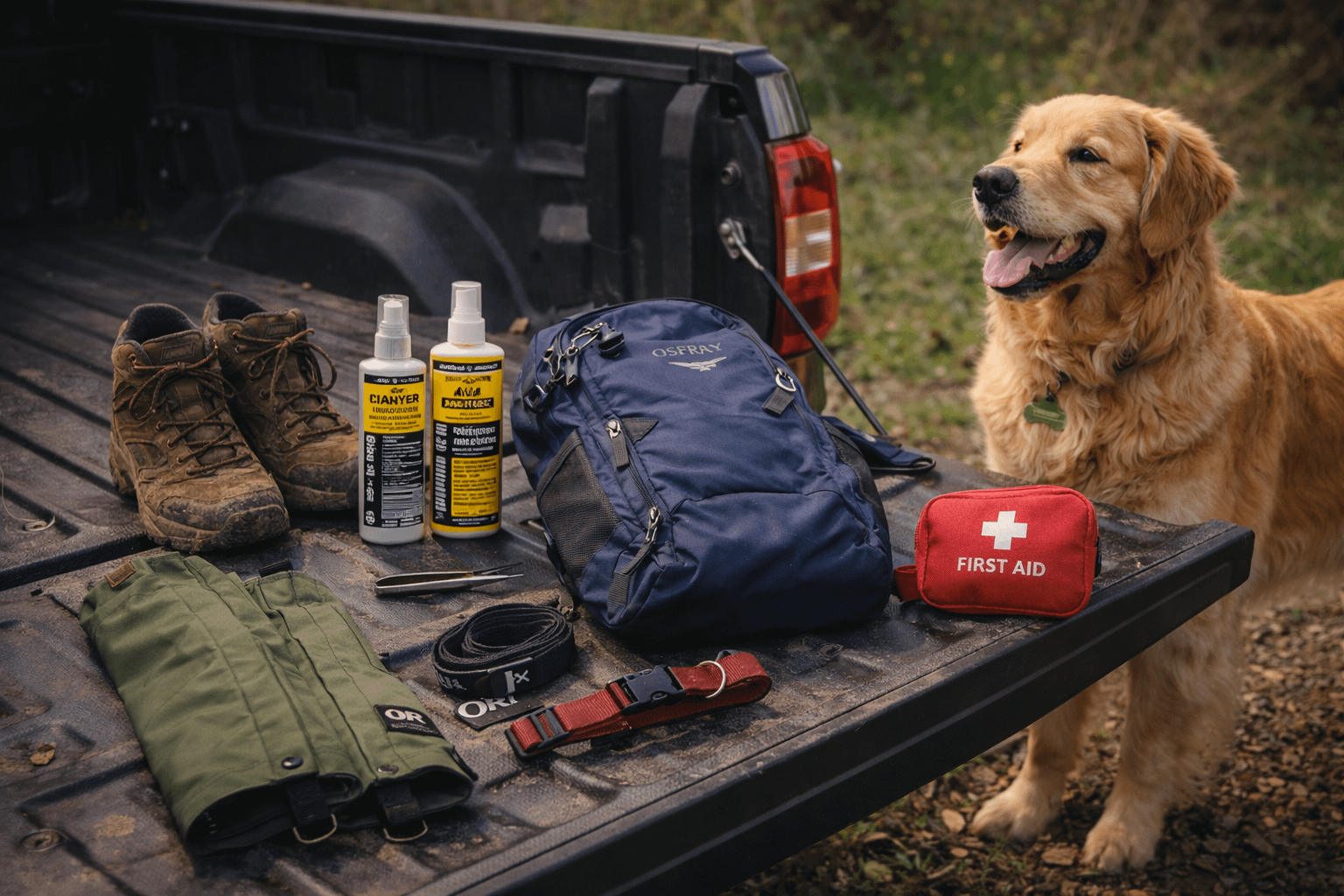 spring tick defense gear on truck tailgate with Golden Retriever nearby