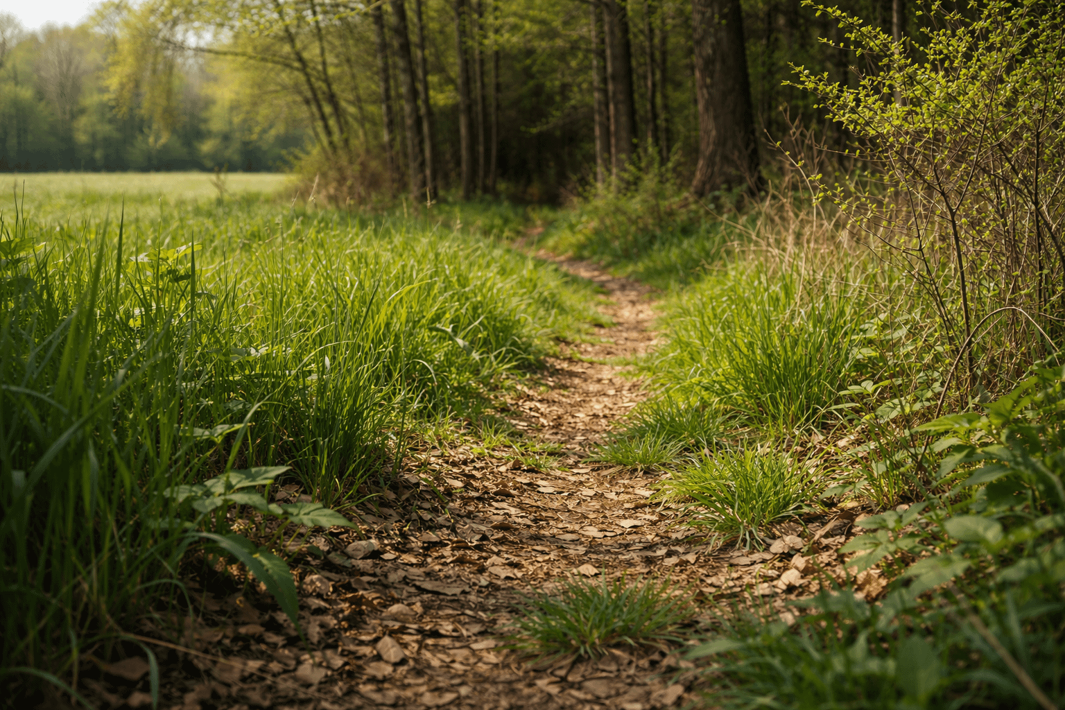 classic spring tick habitat in the Midwest with grassy trail edge and low brush