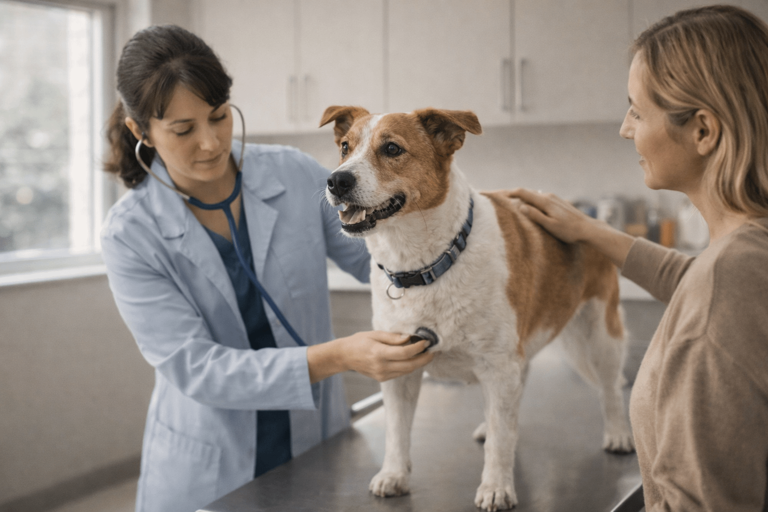 Veterinarian examining a dog during a heart health checkup