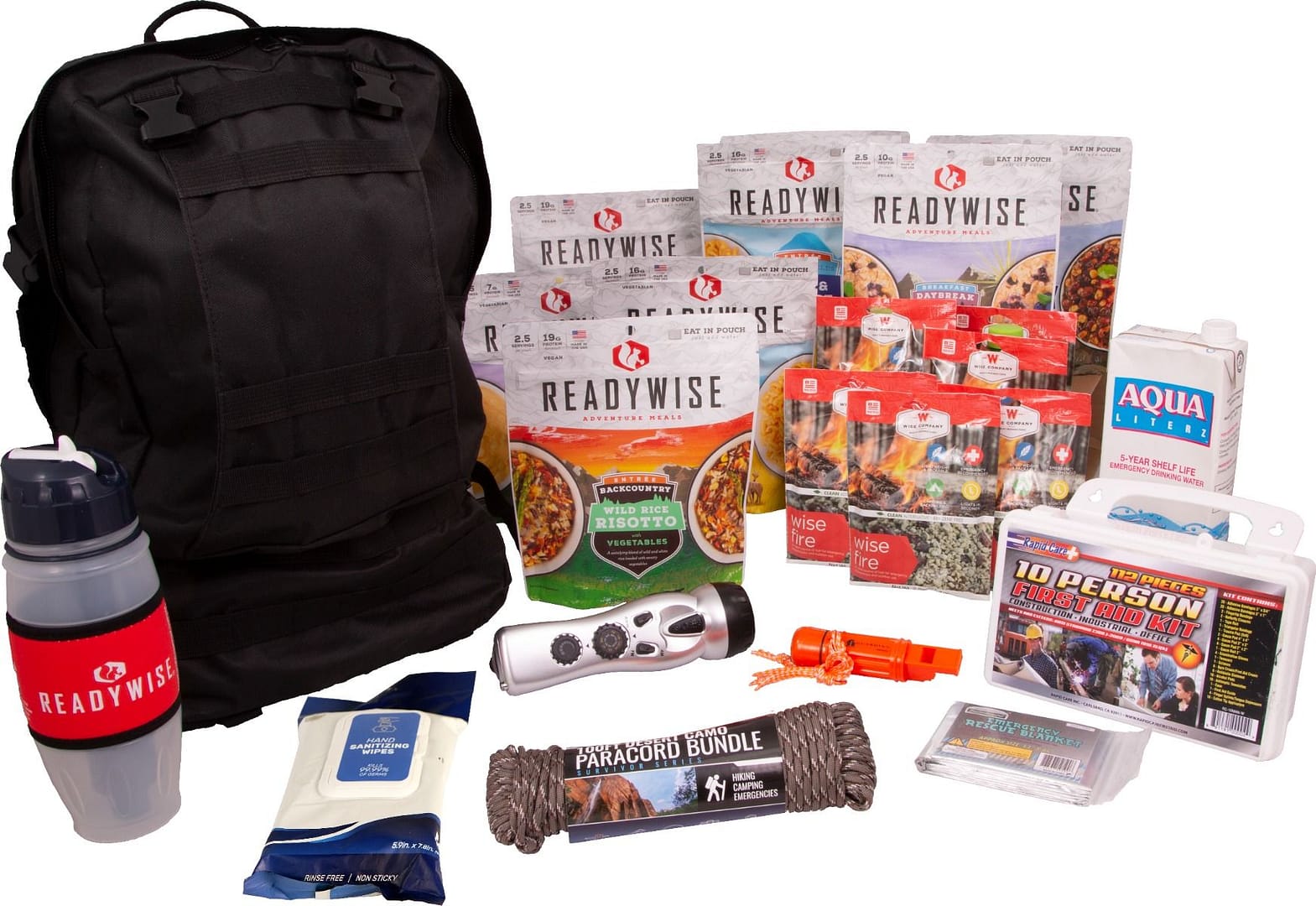 ReadyWise 2-day backpack emergency survival kit contents laid out with tactical backpack
