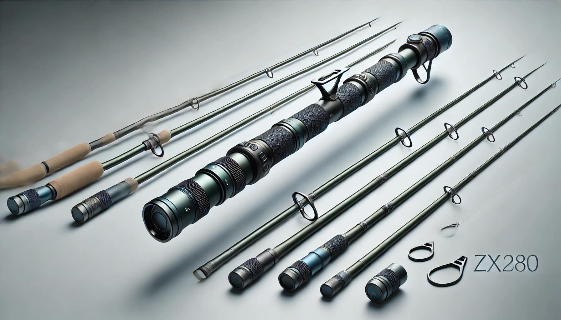 FoxFIRE zx280 zoom tenkara rod feature graphic with three length modes and green or blue options