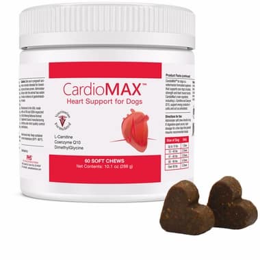 CardioMAX Heart Support for Dogs jar with two soft chews beside container