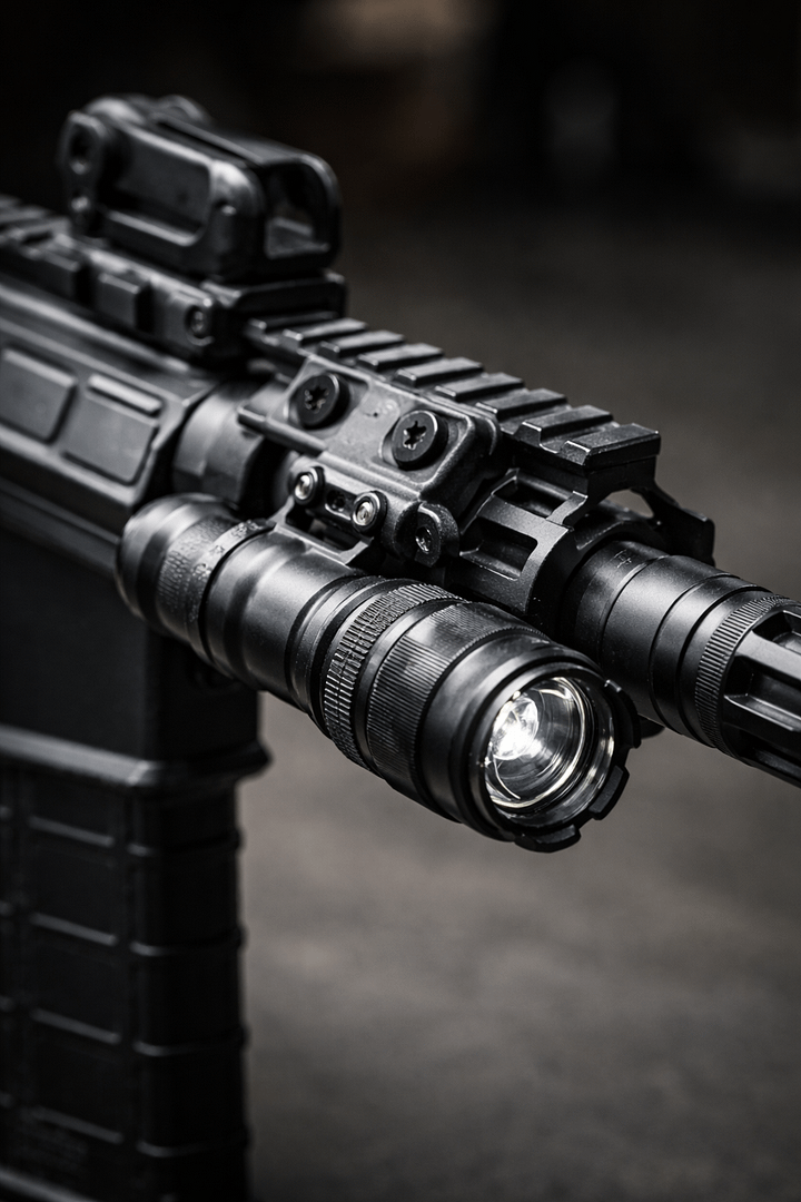 AR-15 flashlight mount using 11 o'clock offset position