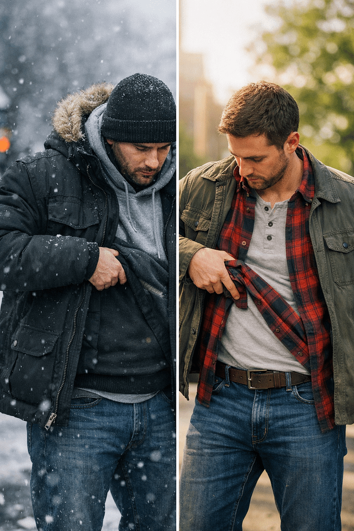 Split-scene editorial photo of a man demonstrating seasonal concealed-carry clothing, with heavy winter layers in a snowy setting on the left and lighter spring layers in a warm outdoor setting on the right.