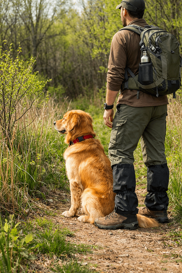 Golden Retriever with hiker in spring brush using tick defense gear