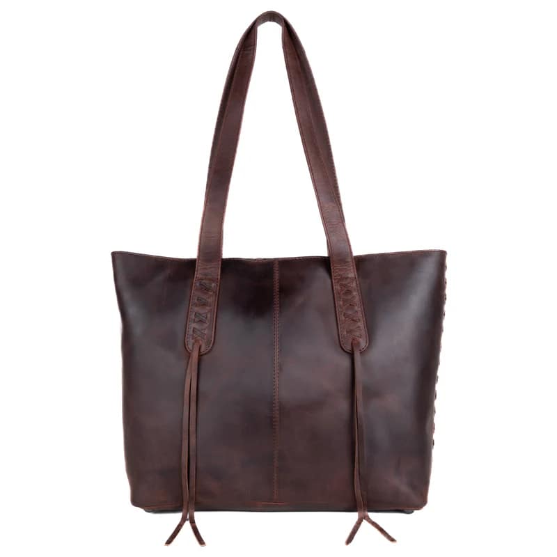 Front view of Lady Conceal Norah Leather Laced Tote in dark mahogany with tassels and stitched handle bases